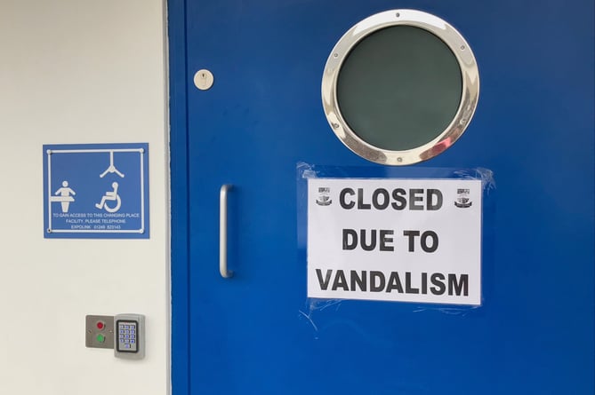 Disabled loos in New Road, Callington close up