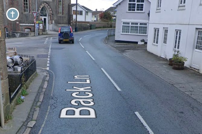 Back Lane Callington where a building has collapsed blocking the A388