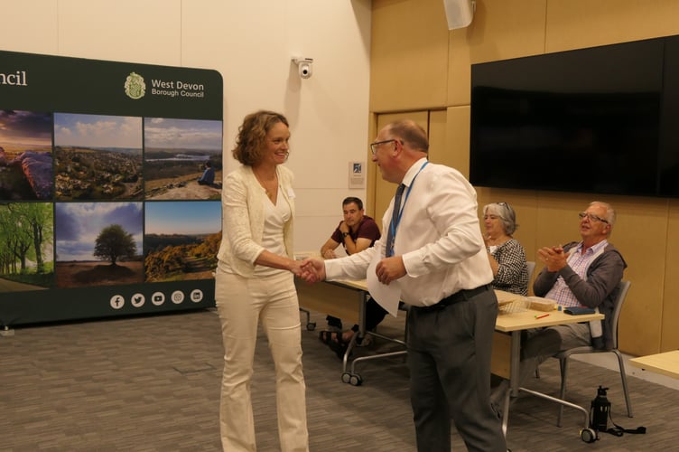 Cllr Ursula Mann is congratulated after winning the Tavistock North by-election by returning officer Steve Mullineaux