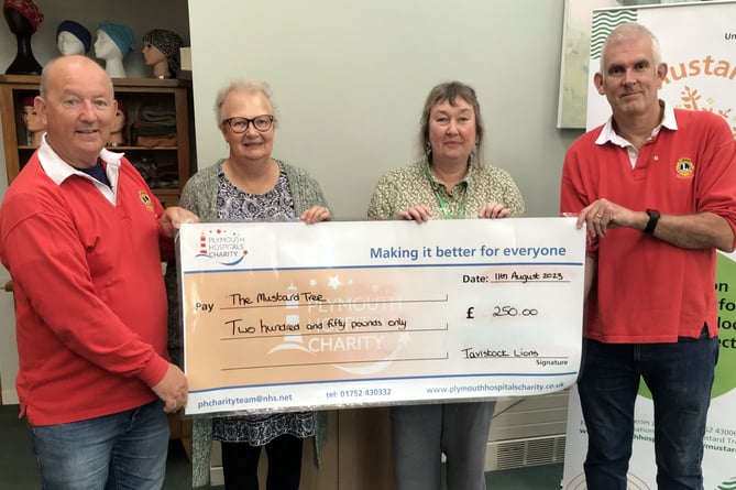 Tavistock Lions presenting a cheque to The Mustard Tree charity at Derriford Hospital