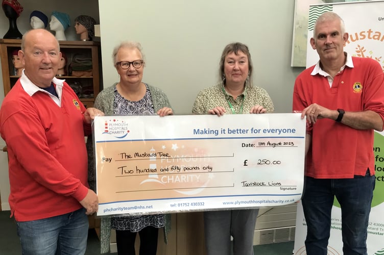 Tavistock Lions presenting a cheque to The Mustard Tree charity at Derriford Hospital