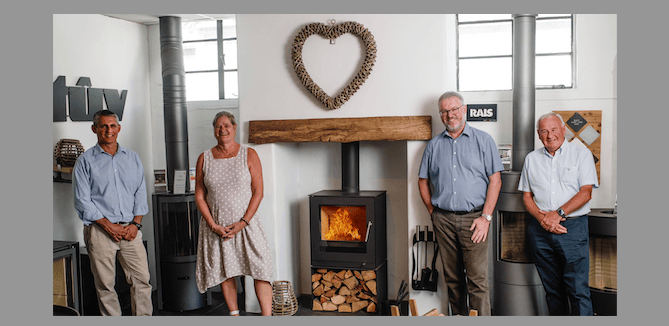 Andrew Wotton, MD of Westcountry Stoves (left) with Rangemoors’ Kate Baker, MD Andrew Baker and chairman Allan Vodden