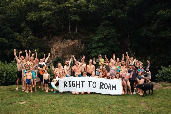 Right to Roam protest swim on Dartmoor. Wild swimmers at Spitchwick in defiance of a notice by the landowners to stop people swimming at the beauty spot.