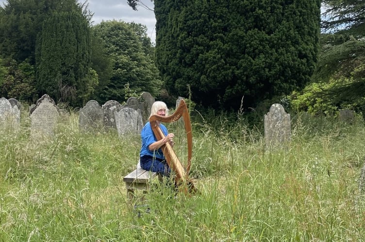 A harp performance in the churchyard.